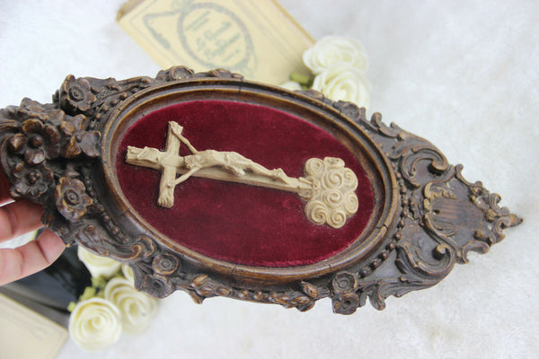 Antique 1880 Napoleon III Crucifix cross religious wood carved velvet