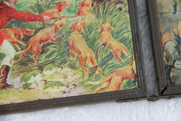 Antique French 1900 Barber mirror tryptich open/fold system chromos hunt dogs