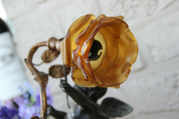 Antique French spelter marble base amber tulip shade angel putti lamp