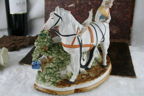 Gorgeous German antique bisque porcelain horse farm girl planter jardiniere