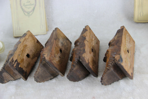 Set of 4 Antique XVIII Wood carved DEVIL gothic figurines head portrait ornament