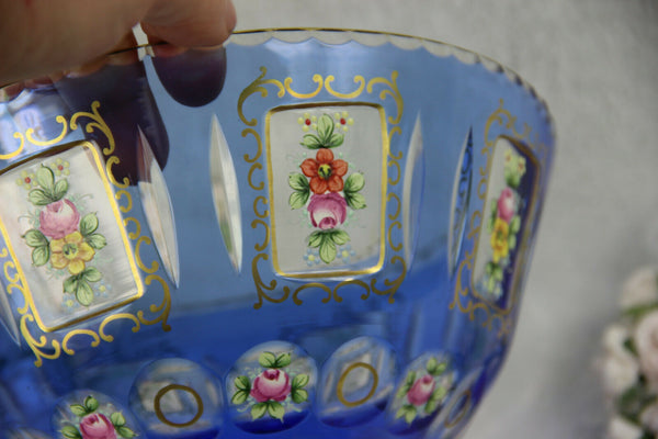 Antique Bohemian Moser enamel blue glass coupe centerpiece bowl flowers