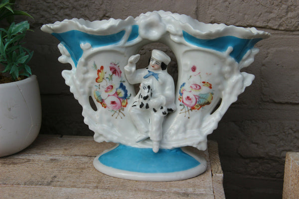 Antique french vieux paris porcelain romantic figurine dog vase