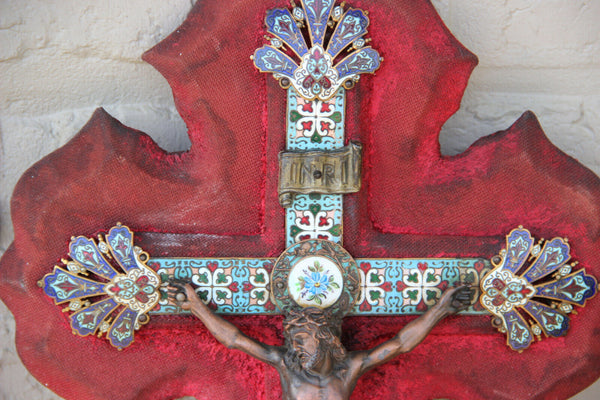Antique French Religious holy water font bronze christ crucifix cloisonne enamel