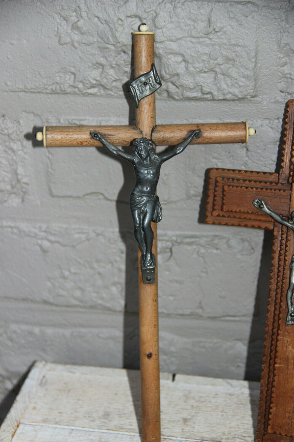 PAIR antique french religious wood carved crucifix