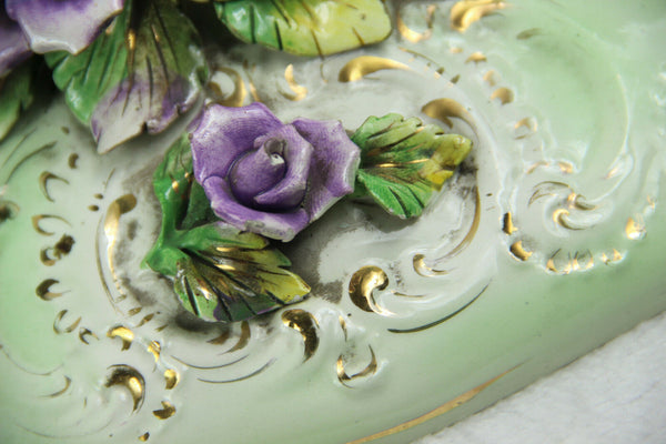 Huge italian Majolica centerpiece lidded bowl relief flowers