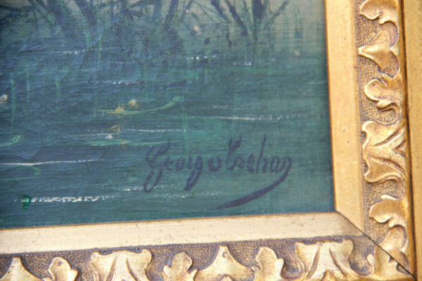 Antique French 1912 Oil Canvas painting hunting dogs field signed
