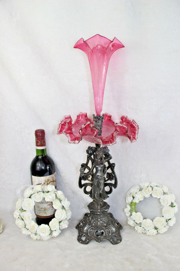 ART NOUVEAU 1900 Nymph Lady Centerpiece bowl coupe table pink glass