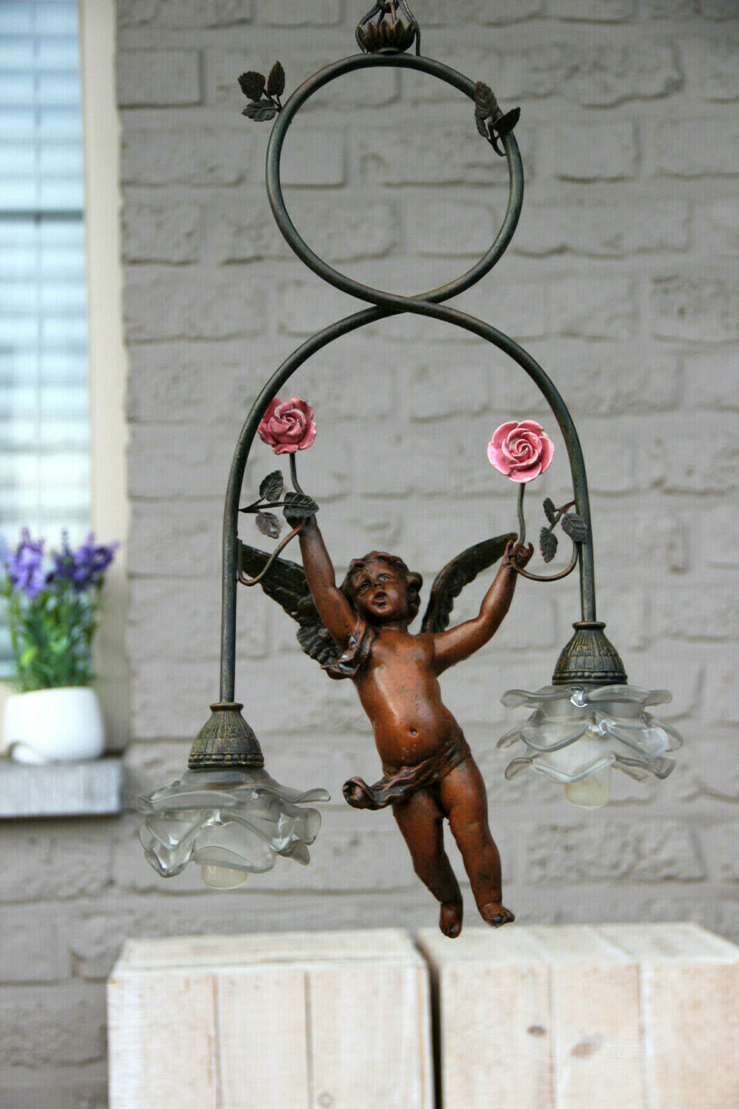 Antique French Spelter bronze putti angel Chandelier pendant porcelain flower