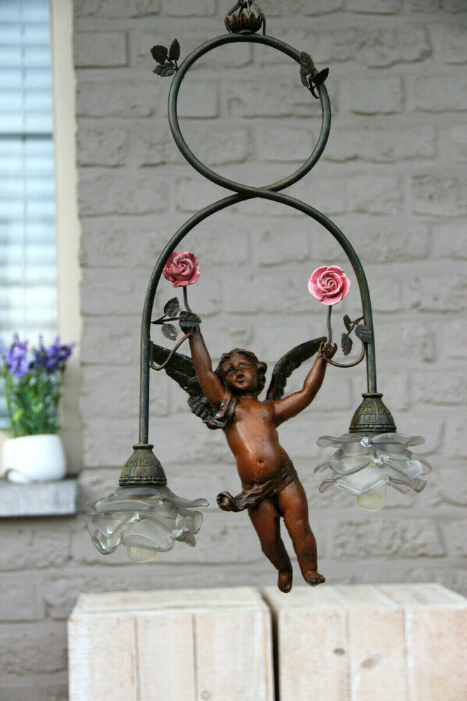 Antique French Spelter bronze putti angel Chandelier pendant porcelain flower