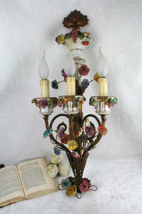 Vintage Italian porcelain flower Wall light 3 arms 1970's metal sconce