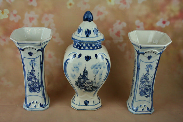 DELFT Dutch porcelain  Mantel set garniture VASES ( 3 pcs ) all marked