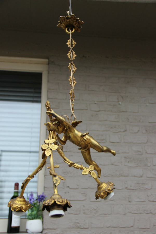 Antique French Bronze Winged putti angel figurine chandelier pendant lamp 3 arm