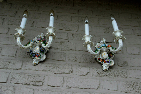 PAIR antique German Dresden porcelain marked majolica flowers wall sconces light
