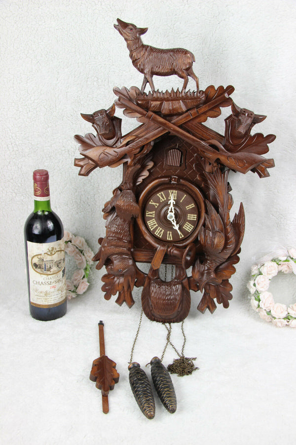 Vintage german cuckoo Wood carved black forest hunt theme Clock wall