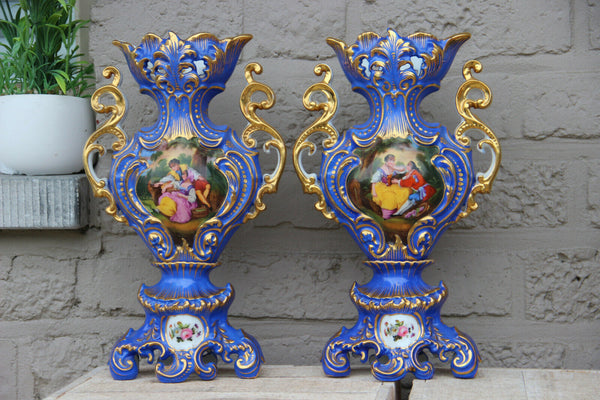 PAIR antique French vieux paris porcelain hand paint romantic victorian scene
