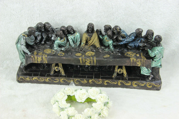 Antique large French chalkware polychrome last supper statue religious