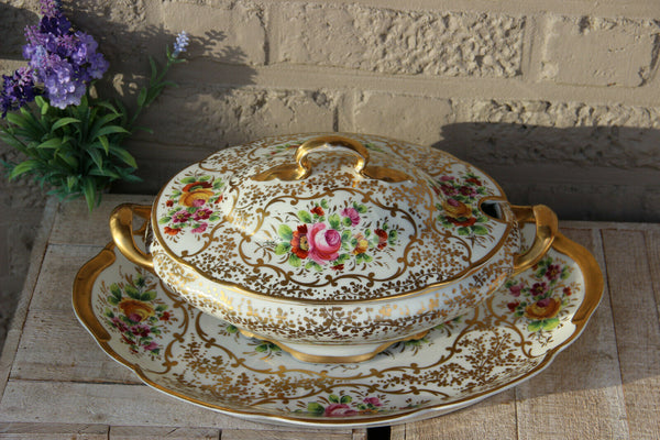 Large French floral sevres porcelain soupiere soup tureen on plate floral decor