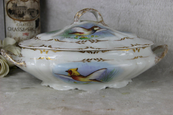 French limoges marked porcelain bird pheasant tableware salad bowl signed