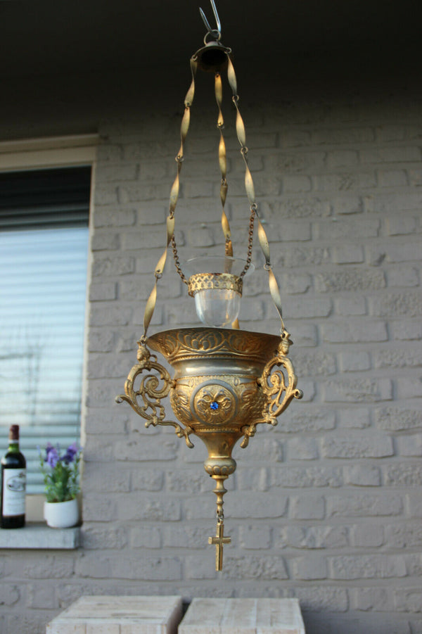 Gorgeous Religious church sanctuary altar lamp putti angels Blue stones rare