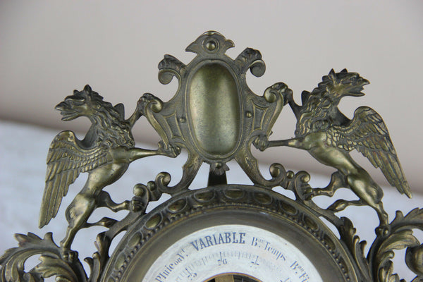 Antique French bronze brass Dragons gothic lion head barometer 1900 Rare