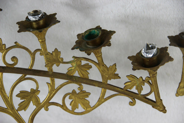 PAIR altar church candelabras candle holders 6 arms 1930 Brass floral religious