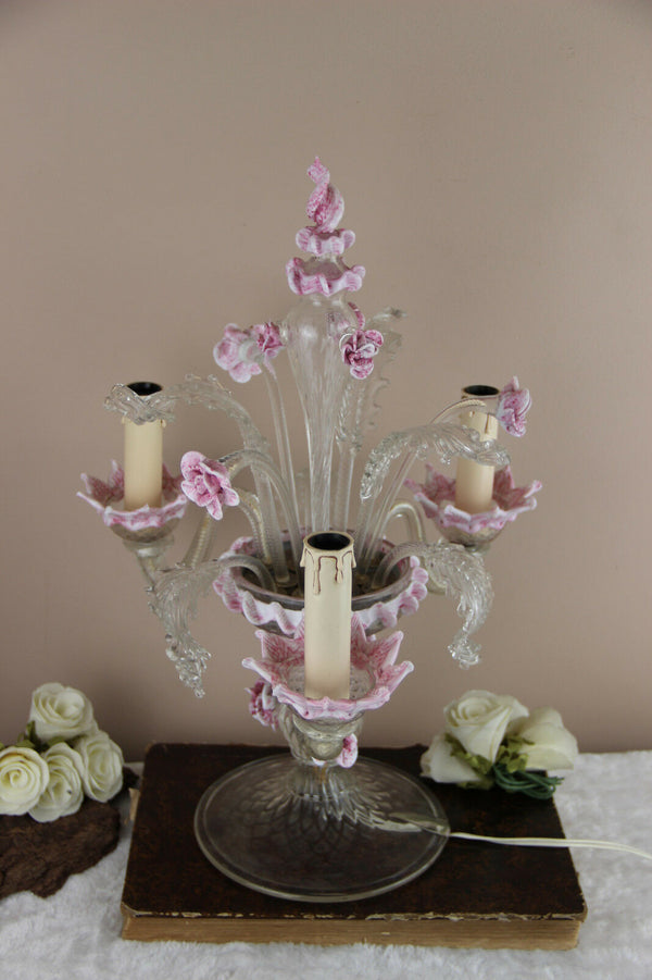 Rare Murano Venetian italian hand blown Girandole Lamp 3 arms pink clear glass