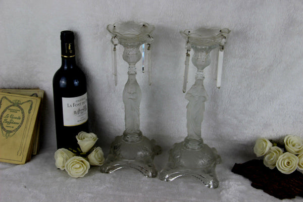 PAIR Rare frosted Glass Sacred Heart Candlestic Madonna Val Saint Lambert 1913