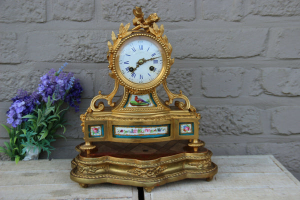 Antique french sevres porcelain plaques bronze mantel clock on wood base
