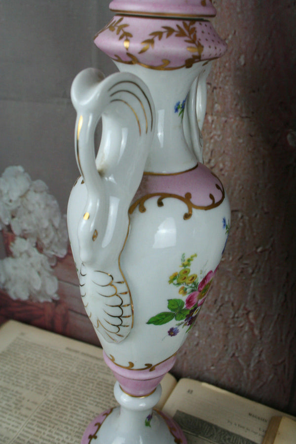 Exclusive PAIR French porcelain vases Swan handles marked floral pink limoges