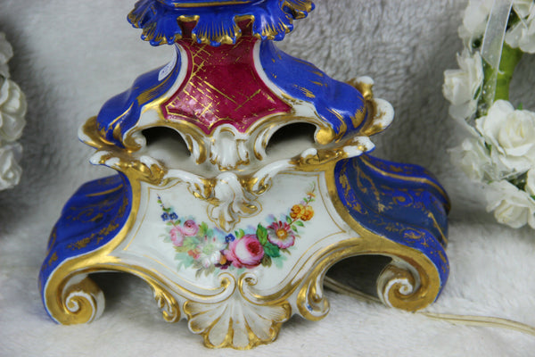 Antique French vieux old paris porcelain vase romantic dog scene floral Lamp