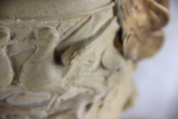 PAIR XL Chalkware French antique VASES putti heads birds decor marked