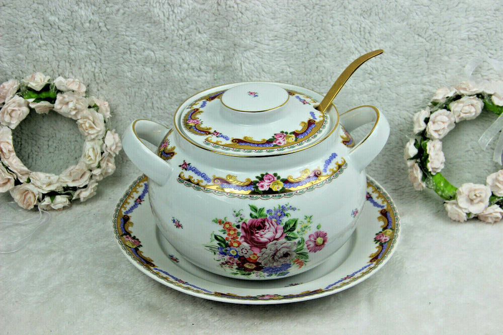 French vintage Limoges marked porcelain soup tureen plate spoon set 1950