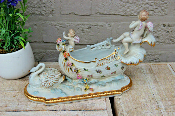Gorgeous German porcelain romantic putti angels swan planter vase