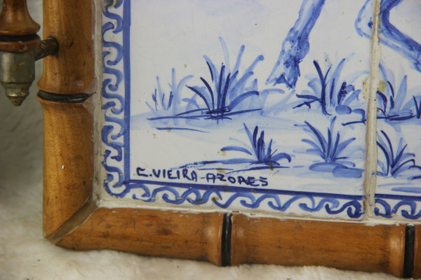 Antique Portugese Ceramic tiles serving tray plate hunting dog catching boar