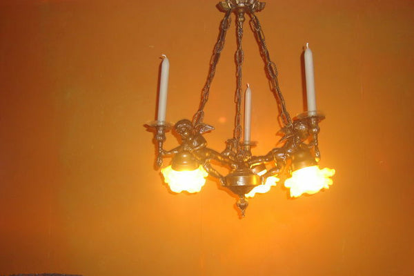 French 1950 spelter brass Angels putti cherubs chandelier candleholder 3 arms
