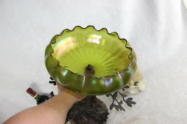 Antique Art nouveau center bowl tree green iridescent glass Vase attr. LOETZ