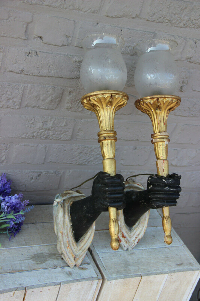 Rare PAIR 1950 Wood hand carved sconces torch castle Wall lights attr Jansen