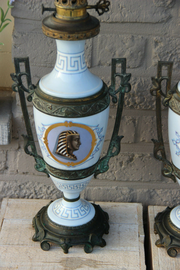 PAIR antique French oil Lamps porcelain Bronze Egypt potrait heads Rare marked