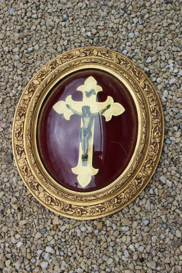 antique French wall panel glass Christ crucifix Religious