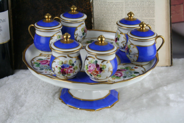 Antique French Serving tray 6 cream pots sevres floral porcelain 1900