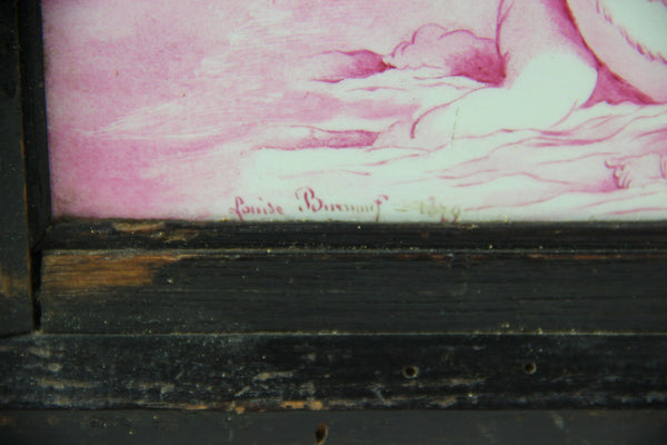 Antique 1879 Wood carved faience hand paint putti romantic cupido Base signed