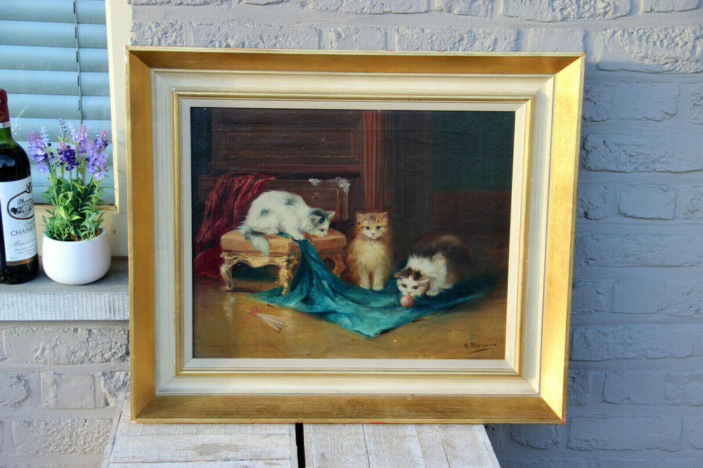 Flemish school oil canvas kittens cats animal painting signed Merson 1950s n2