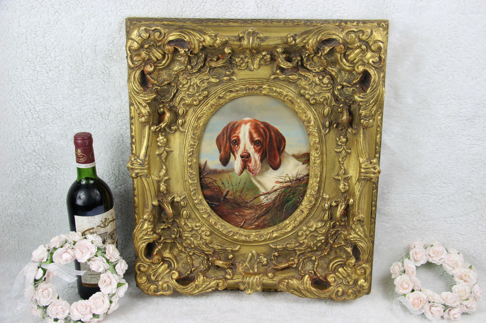Vintage oil panel painting oval portait dog framed heavy frame