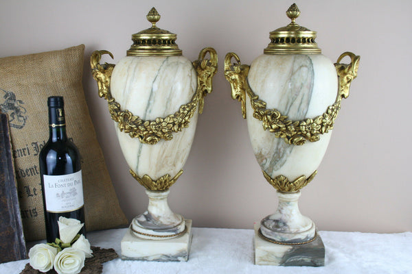 PAIR Huge French Marble Vases urns Ram heads bronze louis XVI decor 1900