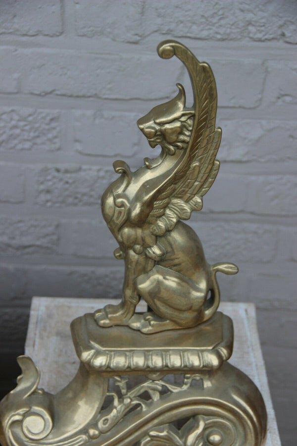 PAIR antique XL Brass Gothic Griffin Dragon Fireplace andirons