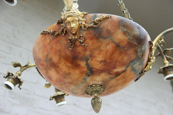 Gorgeous French amber alabaster bowl coupe caryatid heads chandelier lamp