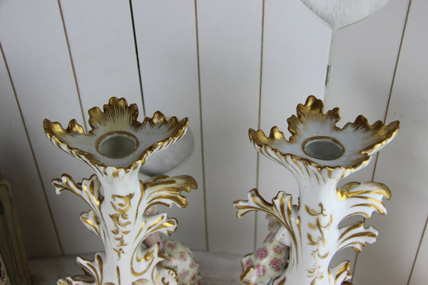 Rare French PAIR antique 19th c vieux paris porcelain Vases Sheperd figurines