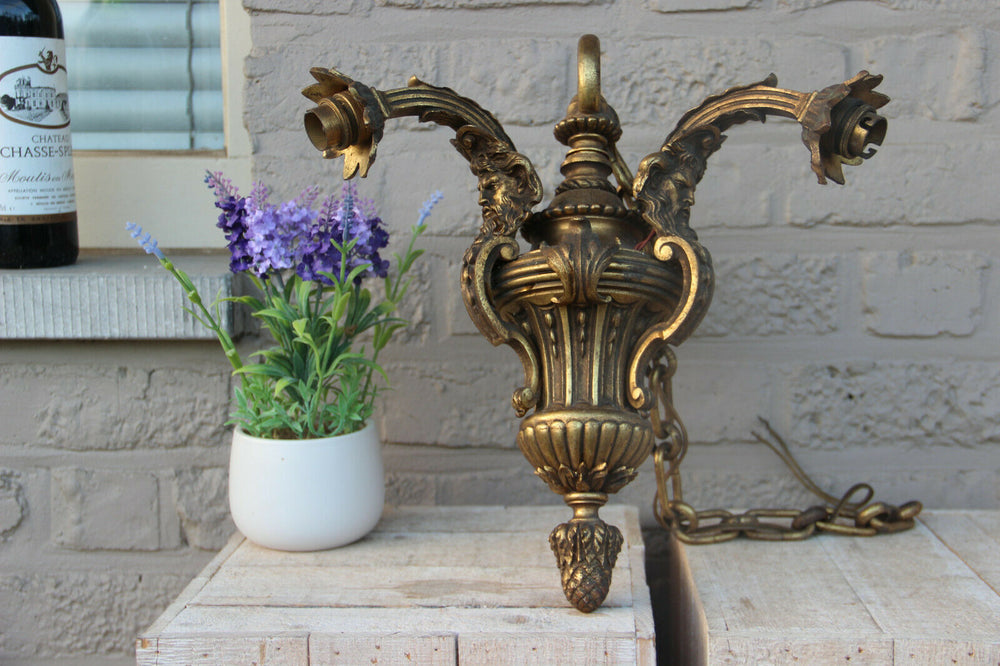 Antique Bronze 3 arm Satyr heads gothic castle chandelier 19th century