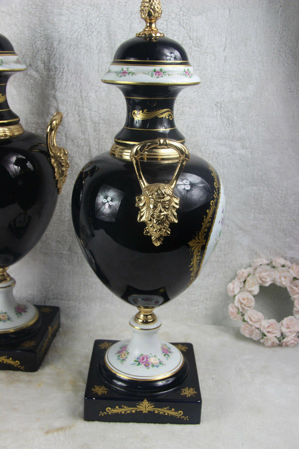 PAIR french marked Limoges porcelain Satyr head floral Vases 1950